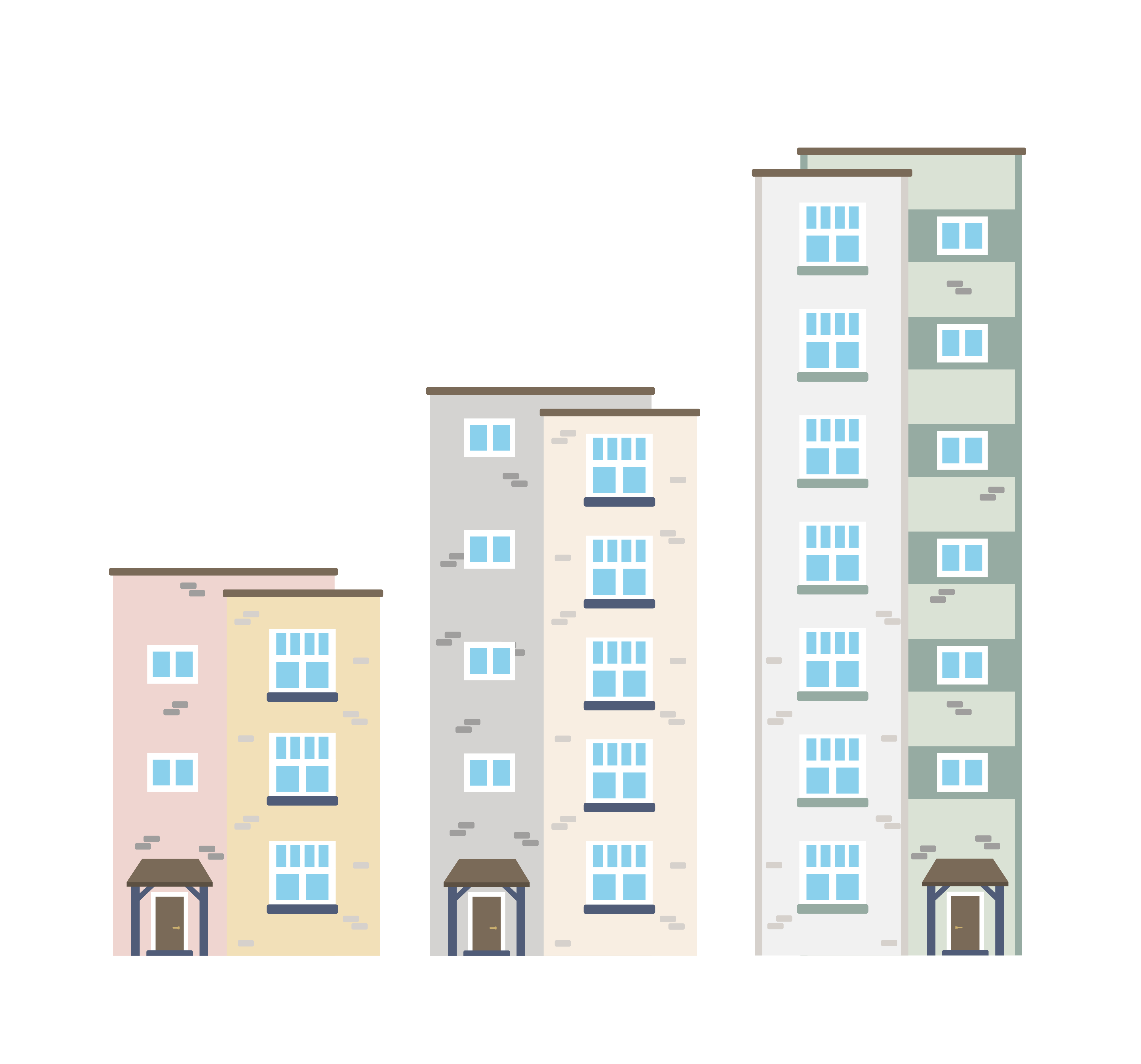 The image shows three apartment buildings of different heights standing next to each other.