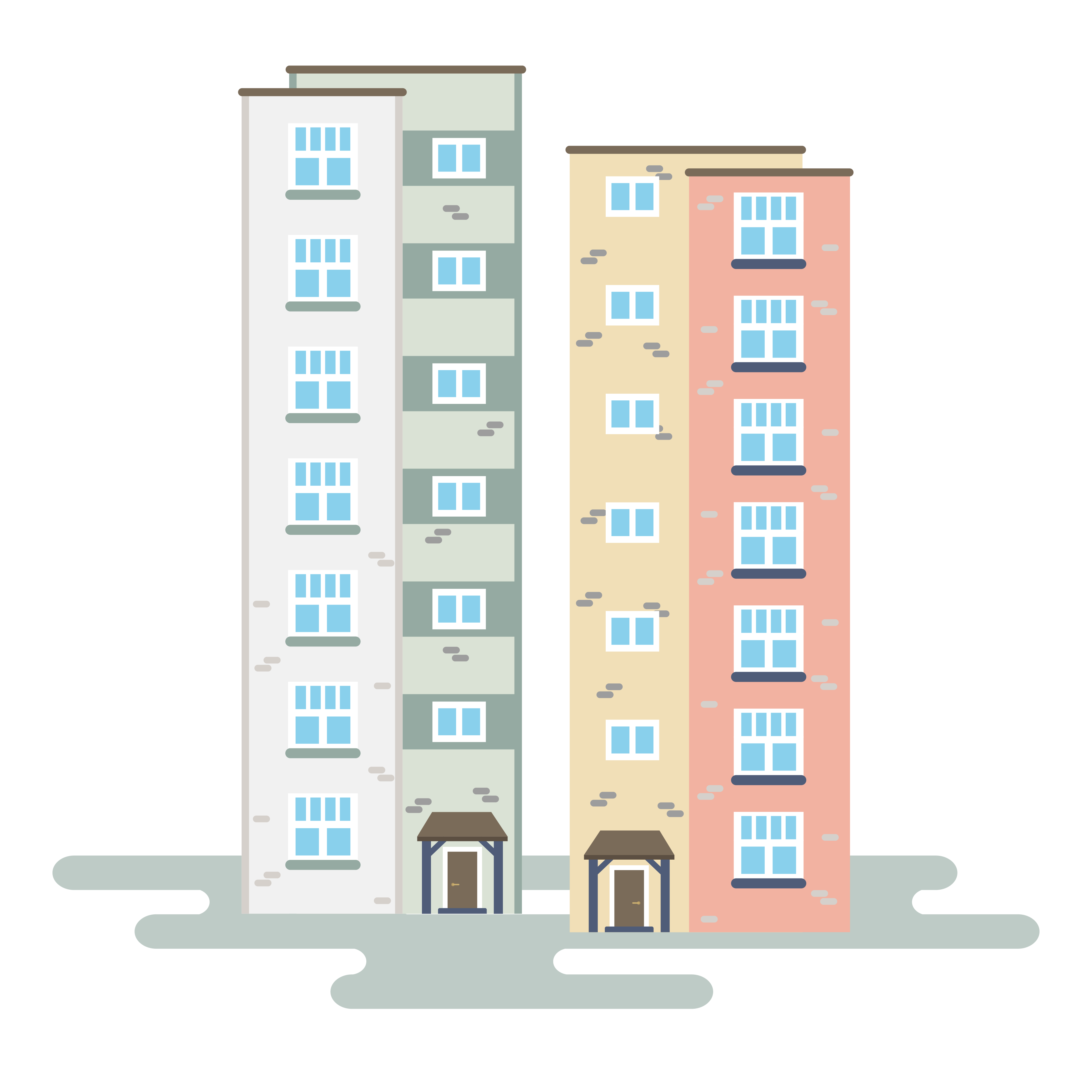 The image shows two tall apartment buildings standing side by side on a plain surface.
