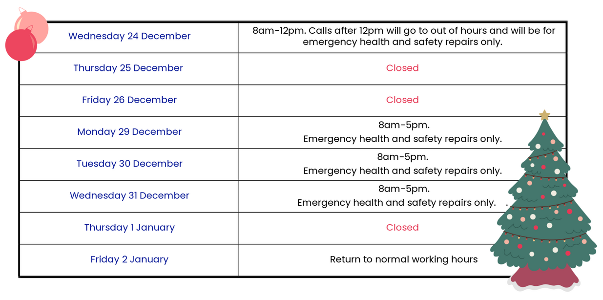 Festive Opening Hours Table