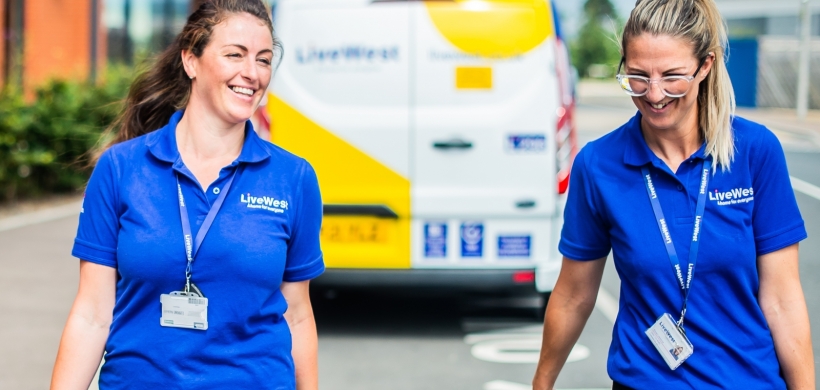 two tradeswomen walking