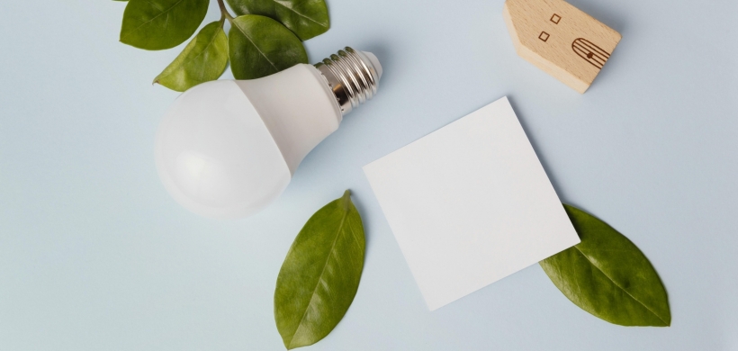 energy saving lightbulb surrounded by leaves and a wooden house