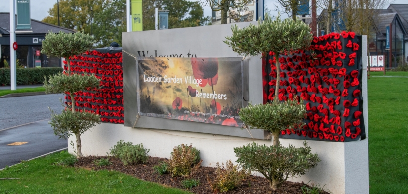 The crochet poppy wall at Ladden Garden Village