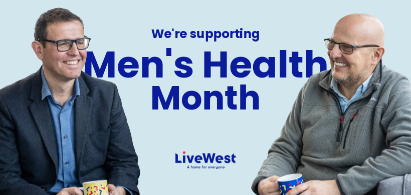 Graphic showing two colleagues having a coffee and a chat, with the text 'We're supporting Men's Health Month'