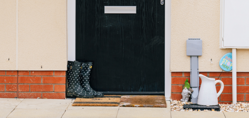 Image shows a front door with a pair of wellies and easter decorations.