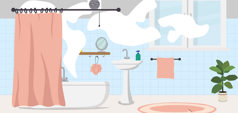 Illustrated image of a bathroom with steam going out of the window.