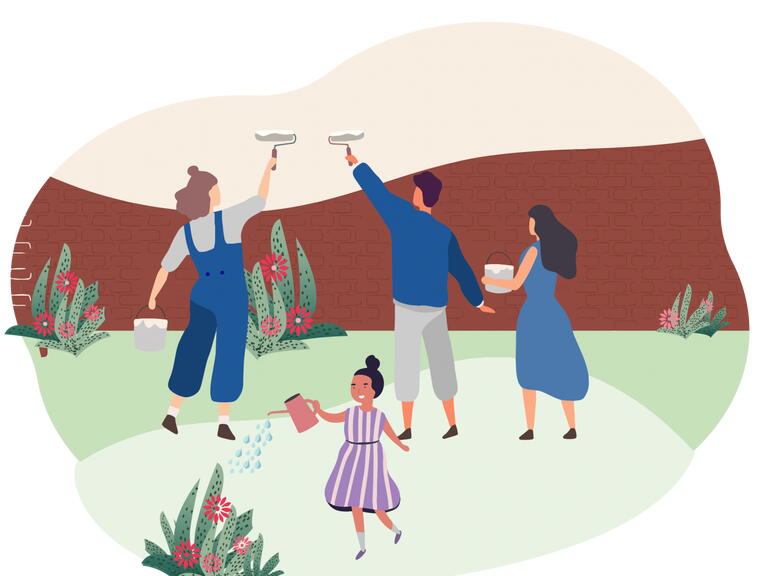 community painting a wall and watering flowers