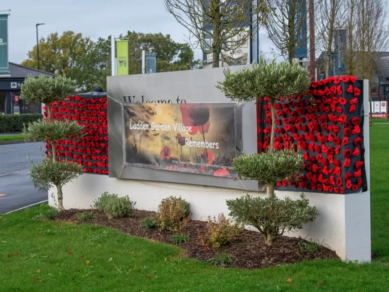 The crochet poppy wall at Ladden Garden Village