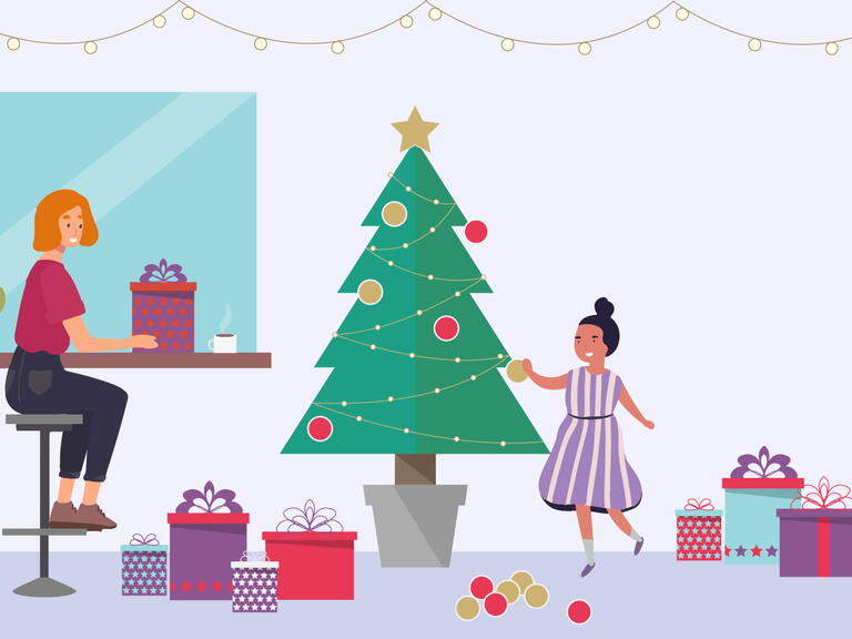 Animated image of a woman and child decorating a Christmas tree. 