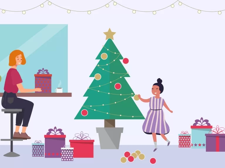 Animated image of a woman and child decorating a Christmas tree. 