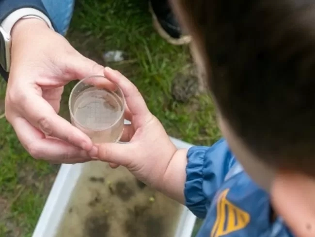 A child giving a small glass container to an adult outside. Image QLPS by Jon Barrett.
