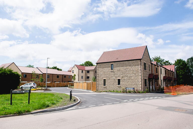 The image shows a quiet residential street with modern houses made of stone and brick under a partly cloudy sky.