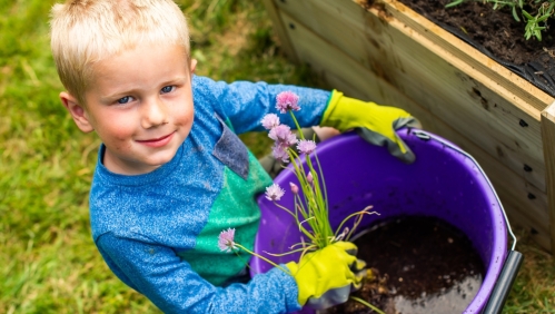 child planting flowers