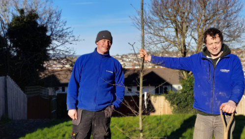 Two LiveWest colleagues standing by one of the trees they have planted.