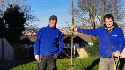 Two LiveWest colleagues are standing by one of the trees they have planted.