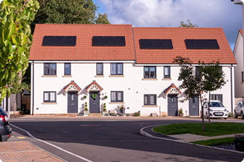 LiveWest semi detached housing with solar panels on a peaceful cul-de-sac.